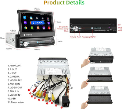 Podofo Android 12 Autoradio 1 Din mit GPS Navi und Bluetooth, 7 Zoll Flip Out Touchscreen Auto Stere