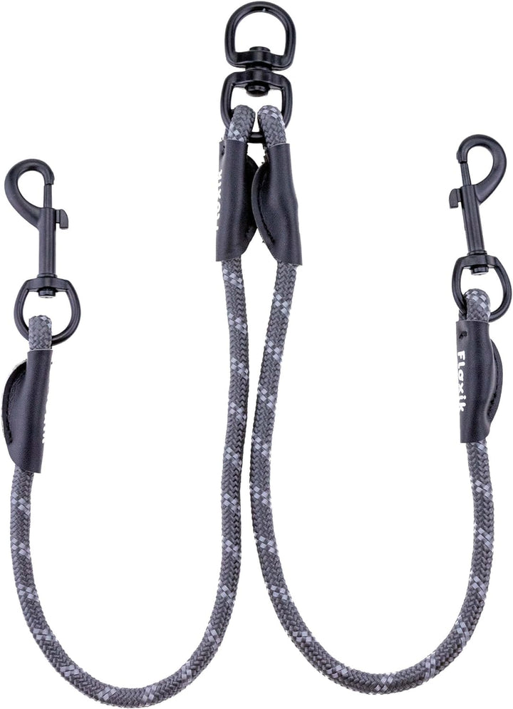 Floxik Tau Doppelleine für 2 Hunde grau/orange - reflektierend, dehnbar und verhedderungsfrei – Dopp