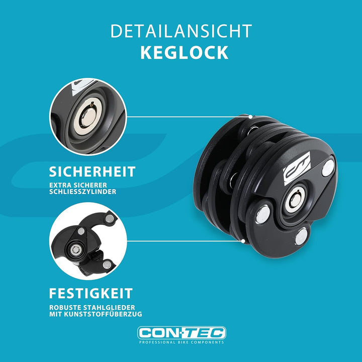 CONTEC Fahrrad Falt-Schloss KegLock, robuster Spezial-Stahl, 60 cm mit Halterung am Rahmen, Schlüsse