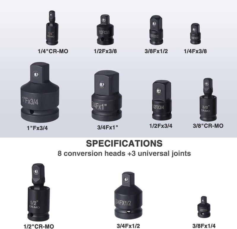 eROOSY 11tlg. Kreuzgelenk Satz, Stecknuss Adapter, Kraft Adapter Satz 1/4" 3/8" 1/2" 3/4", Impact So