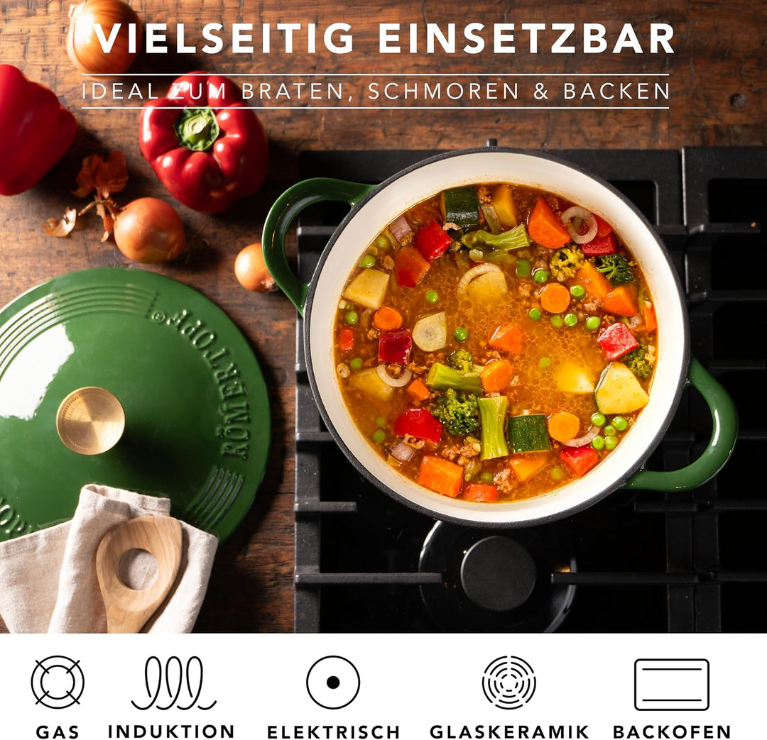 Römertopf Gusseisen Topf mit Deckel 24 cm – Bräter &amp; Schmortopf emailliert, Dutch Oven für alle Herd