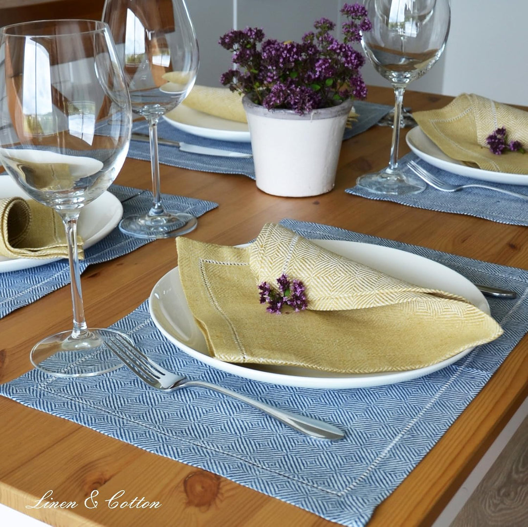 Linen & Cotton Hochwertig Tischsets Platzsets mit Hohlsaum Scandi - 100% Leinen, Dunkelblau (30 x 44