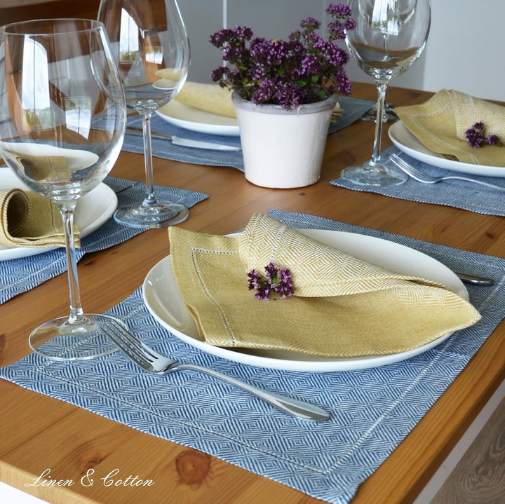 Linen & Cotton Hochwertig Tischsets Platzsets mit Hohlsaum Scandi - 100% Leinen, Dunkelblau (30 x 44
