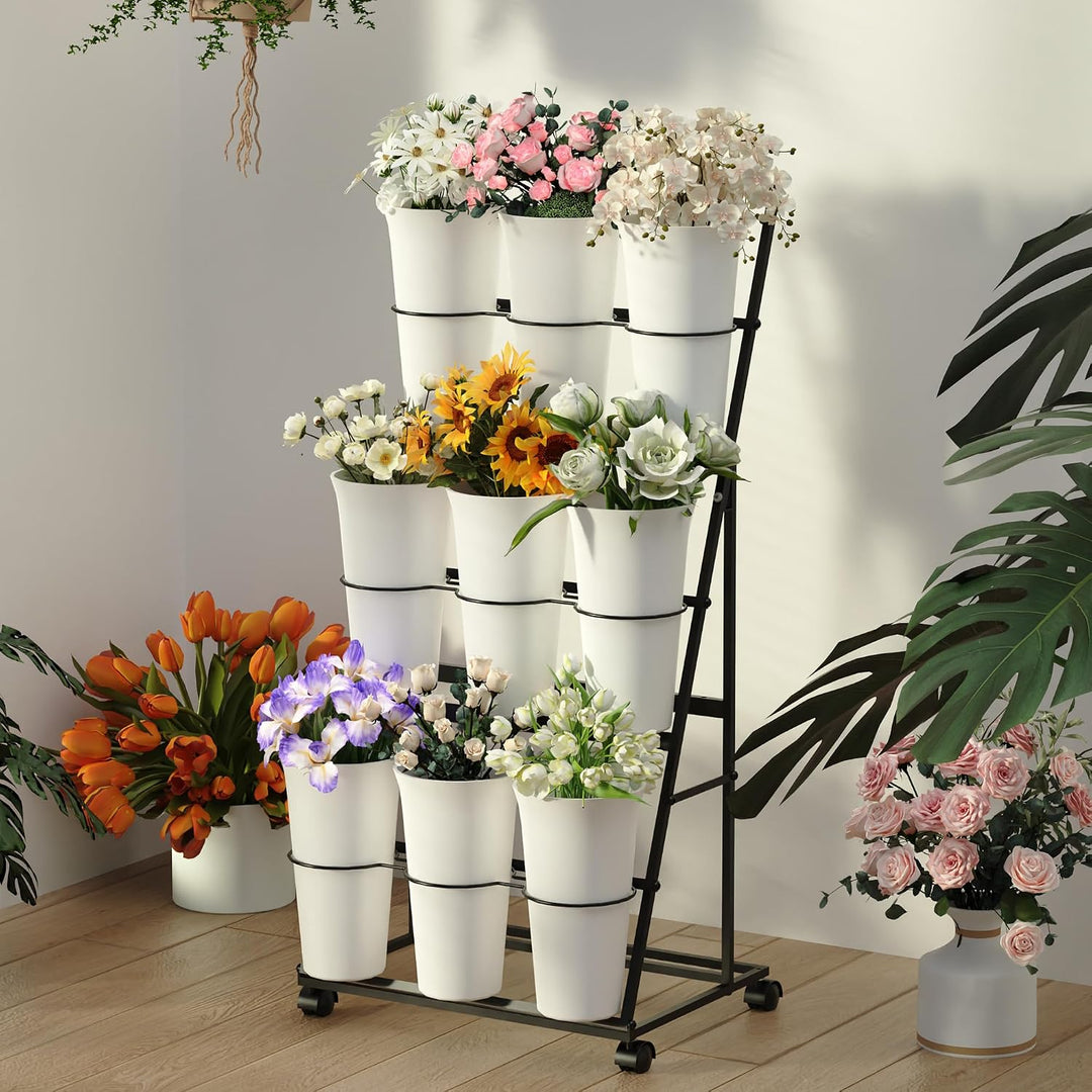 Invech Blumenständer mit 9 Eimern, 3 Etagen Blumenständer aus Metal mit Rollen, Mobiler Pflanzenstän