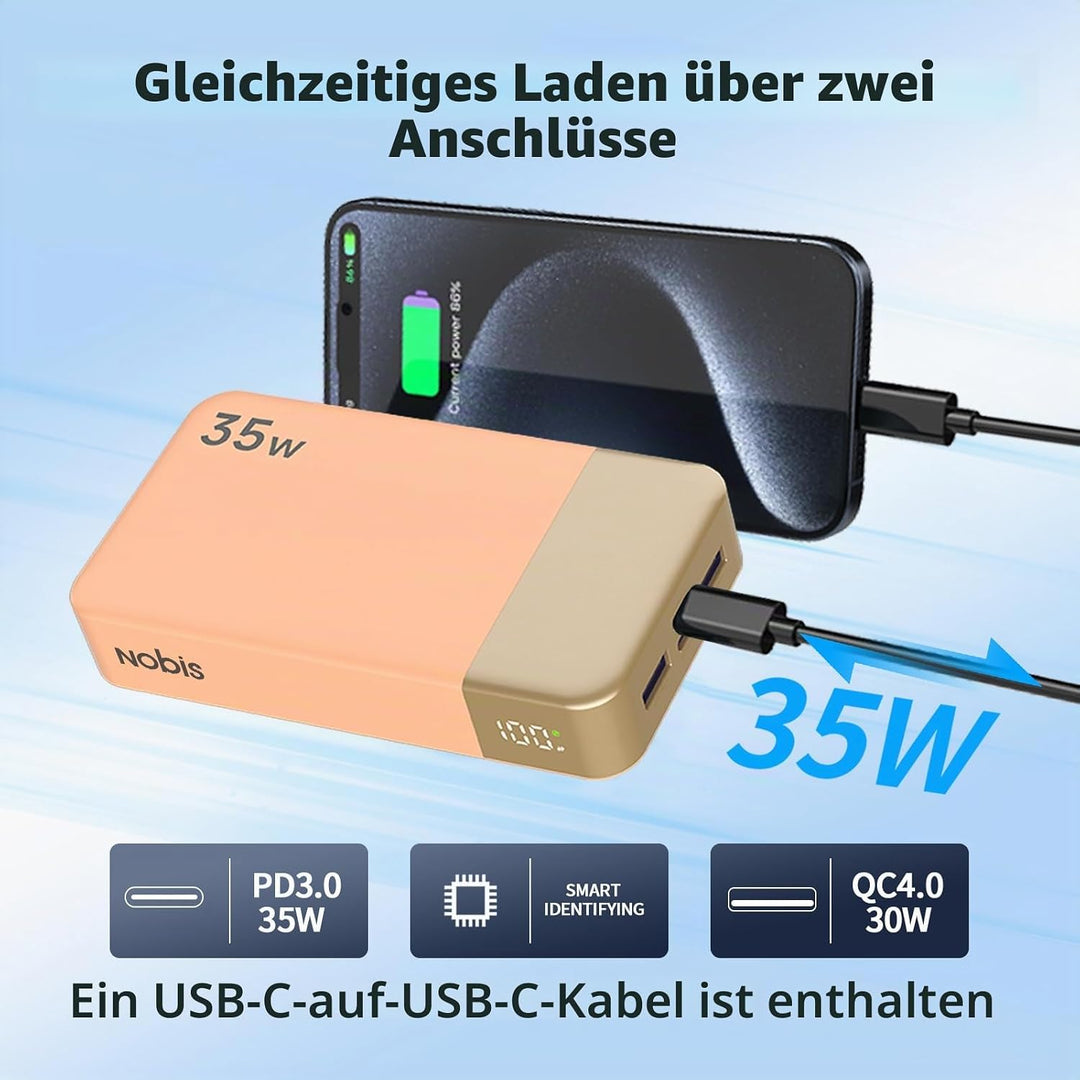 NOBIS Power Bank, Powerbank 20000mAh, 35W Externe Handyakkus Fast Charging, Externer Akku with C to