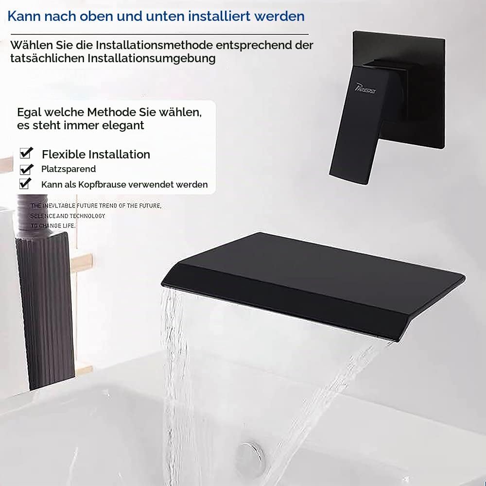PHASAT Wasserhahn Wasserfall Wandmontage Schwarz Armatur Unterputz für Badezimmer Bad mit 20cm Ausla