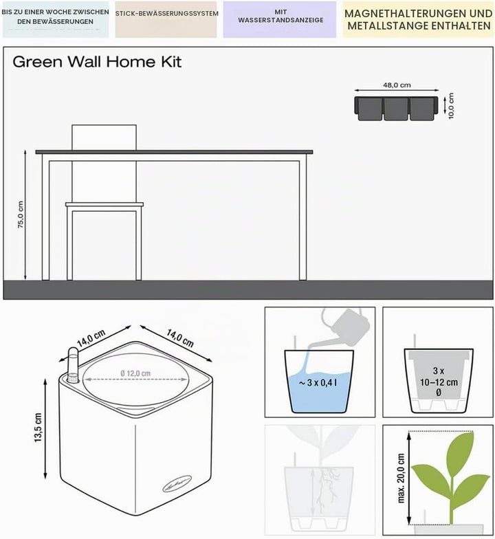 LECHUZA CUBE Color Green Wall Home Kit schiefergrau 13399 48x14x10 cm Schiefergrau, 48x14x10 cm Schi