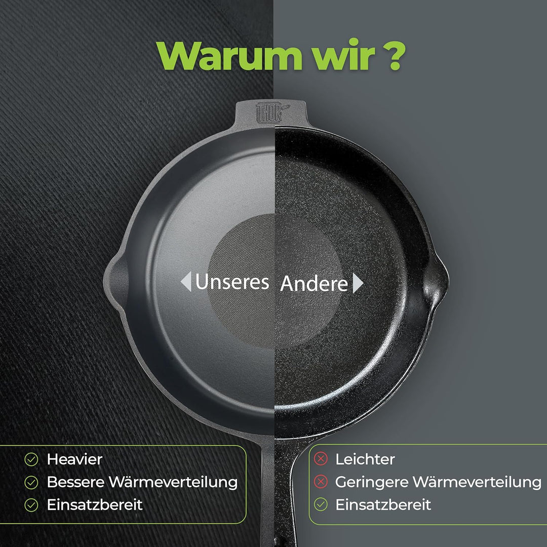 THOR® Gusseisenpfanne Induktion 28cm inkl. Zubehör - geschliffene Oberflächen I Bratpfanne Induktion