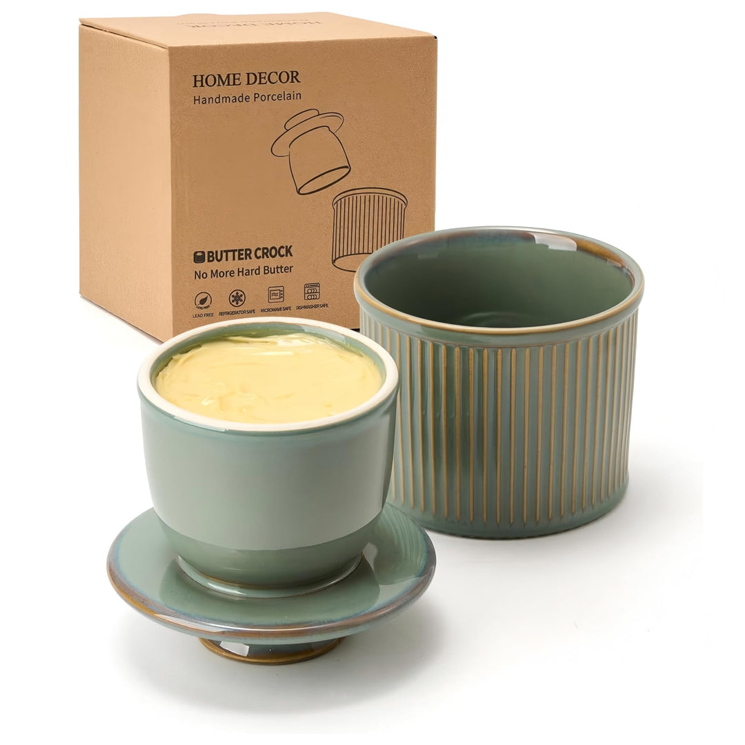 HOME DECOR Grosse Butterdose Keramik, Französische Butterdose mit Deckel, Streifen-Design Buttergloc