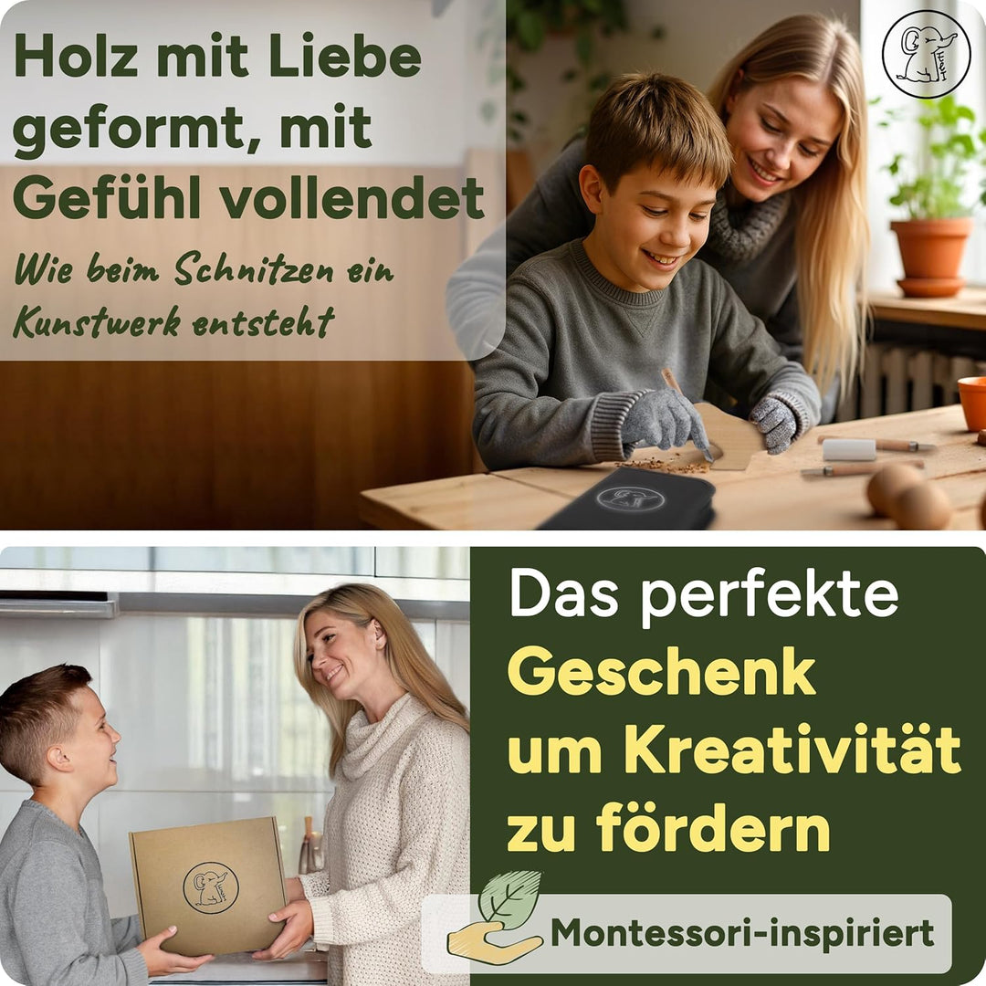 Eli® Schnitzset für Kinder (15-teilig) inkl. Handschuhe - Tasche und Schleifstein - 12 hochwertige S