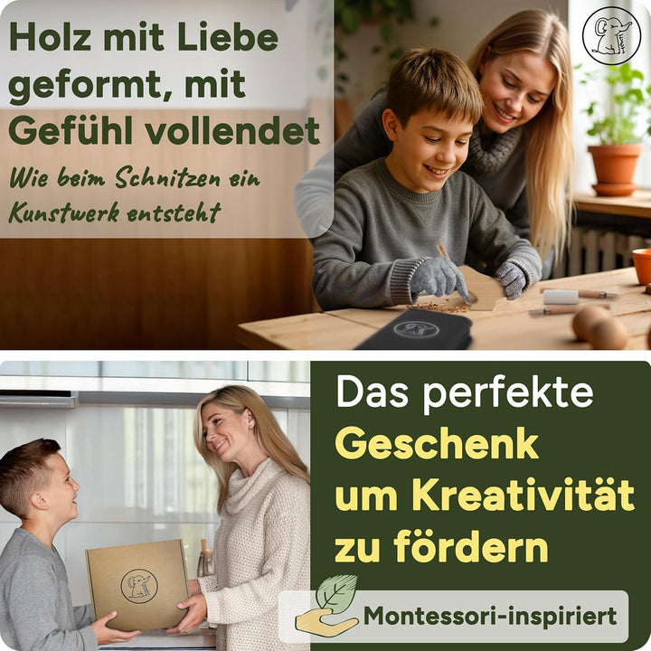 Eli® Schnitzset für Kinder (15-teilig) inkl. Handschuhe - Tasche und Schleifstein - 12 hochwertige S
