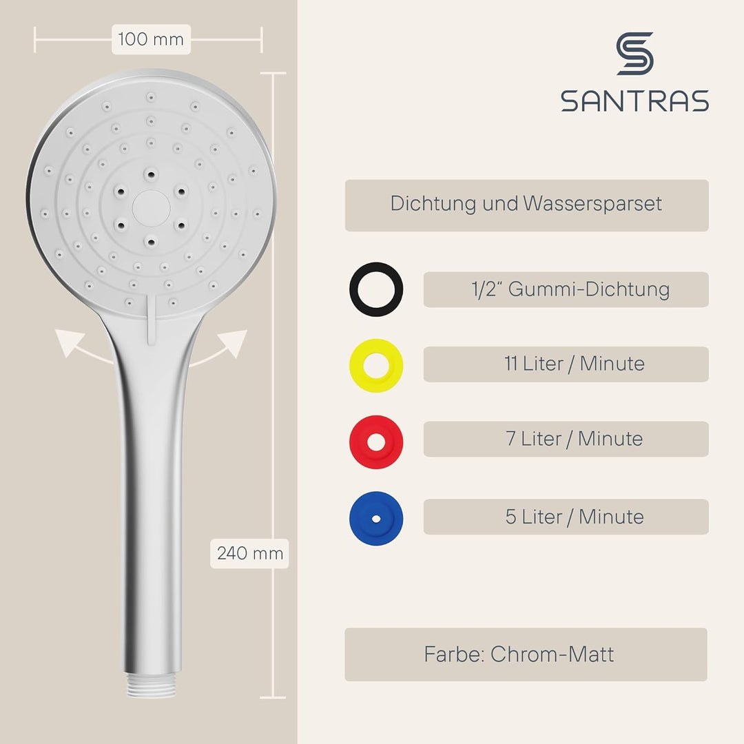 SANTRAS® Handbrause mit dreifach verstellbaren Duschkopf mit Wassersparer in Velourchrom – Brause mi