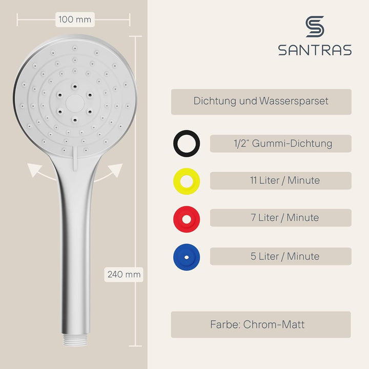 SANTRAS® Handbrause mit dreifach verstellbaren Duschkopf mit Wassersparer in Velourchrom – Brause mi