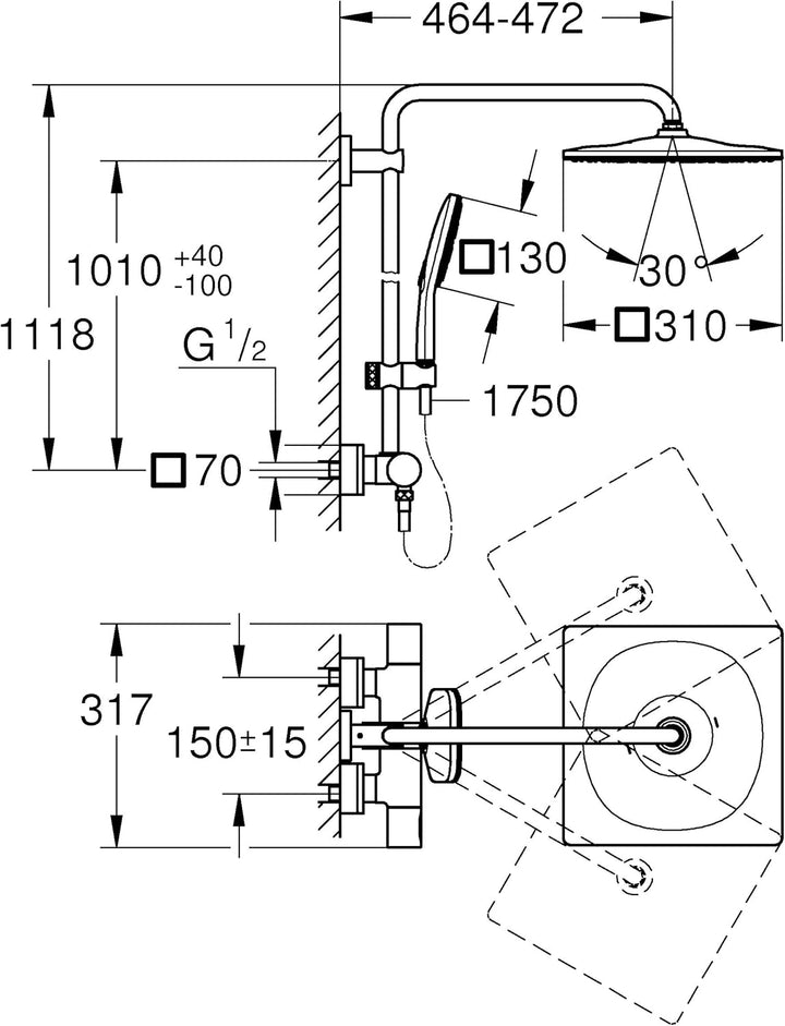 GROHE Rainshower Smartactive 310 - Duschsystem mit Thermostatarmatur (Sicherheitsperre bei 38°C, lan