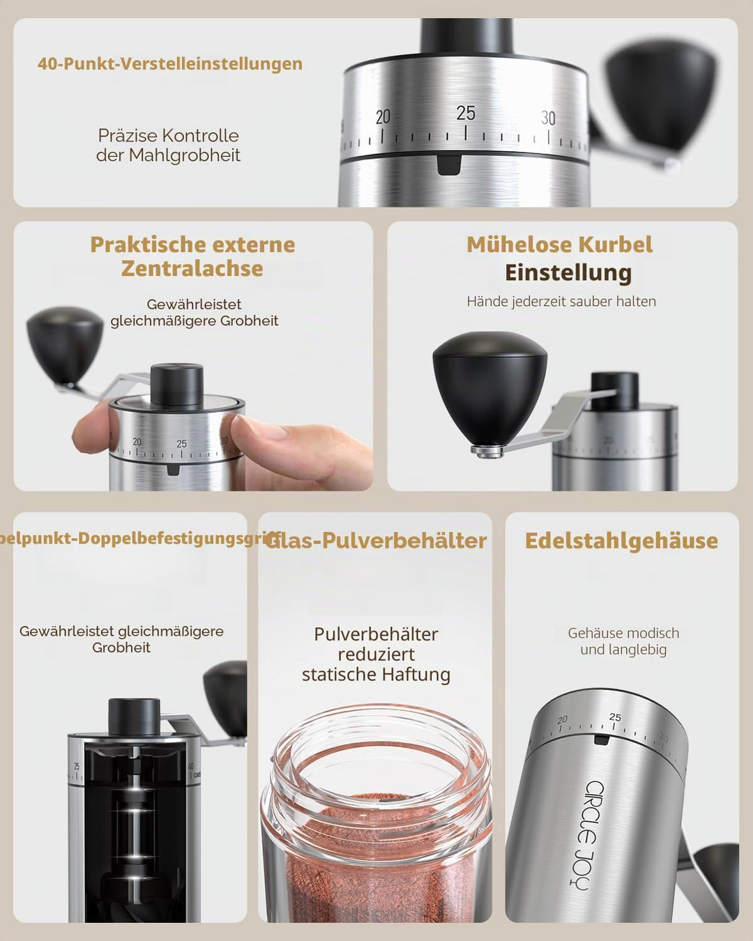 CIRCLE JOY Tragbare Manuelle Kaffeemühle mit keramischem Konischem Frässtift und 40 Externen Einstel