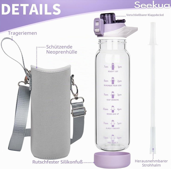 Seekua 0.8l Sport Trinkflasche Glas Flasche mit Strohhalm &amp; Zeitmarkierung 800ml auslaufsicher bpa f