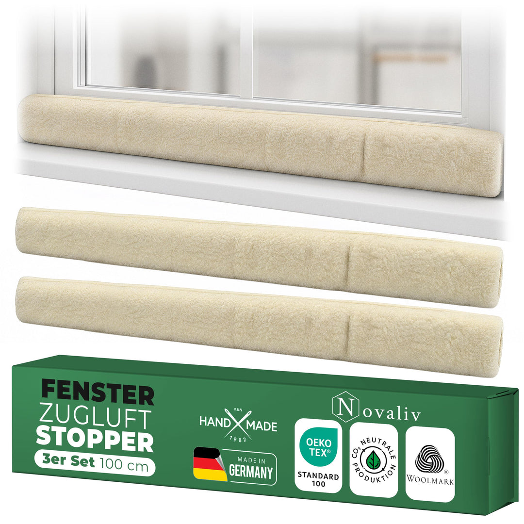 Zugluftstopper für Fenster 100cm Natur Schurwolle – stoppt Zugluft & Kälte, dämpft Lärm/Staub/Licht,