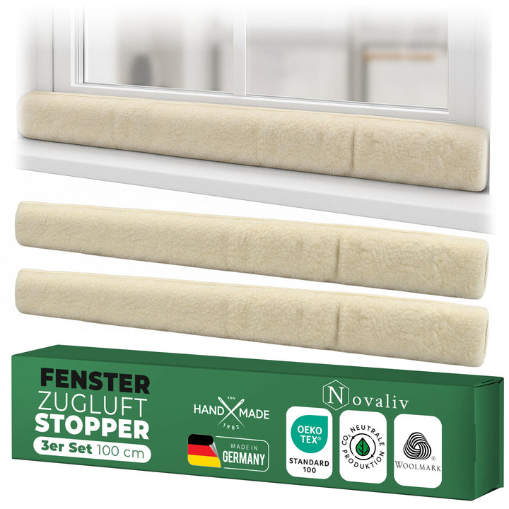 Zugluftstopper für Fenster 100cm Natur Schurwolle – stoppt Zugluft & Kälte, dämpft Lärm/Staub/Licht,