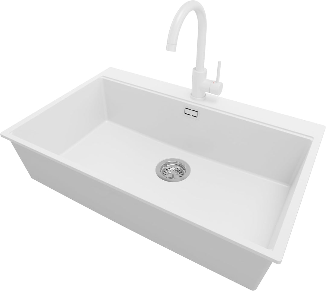PRIMAGRAN Granitspüle Weiss 78x50cm, Spülbecken 1 Becken + Ablauf-Set + Küchenarmatur 32x20cm, Küche