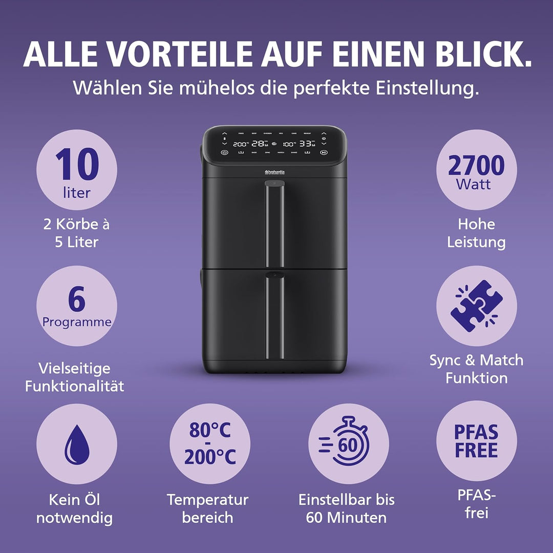 Brabantia Double Stack Airfryer XXL, 10 L, 2 Vertikale Schubladen, PFAS-frei, Heissluftfritteuse, 6