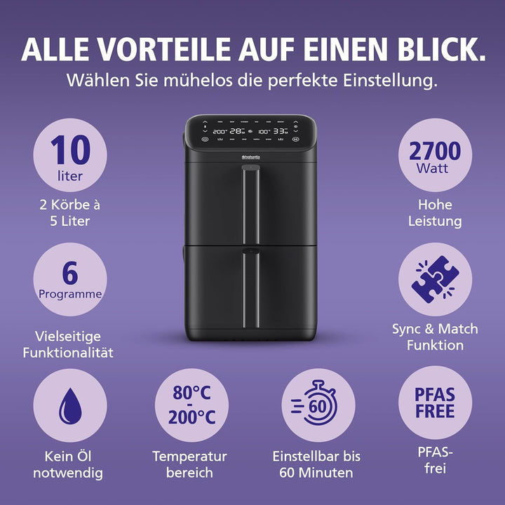 Brabantia Double Stack Airfryer XXL, 10 L, 2 Vertikale Schubladen, PFAS-frei, Heissluftfritteuse, 6