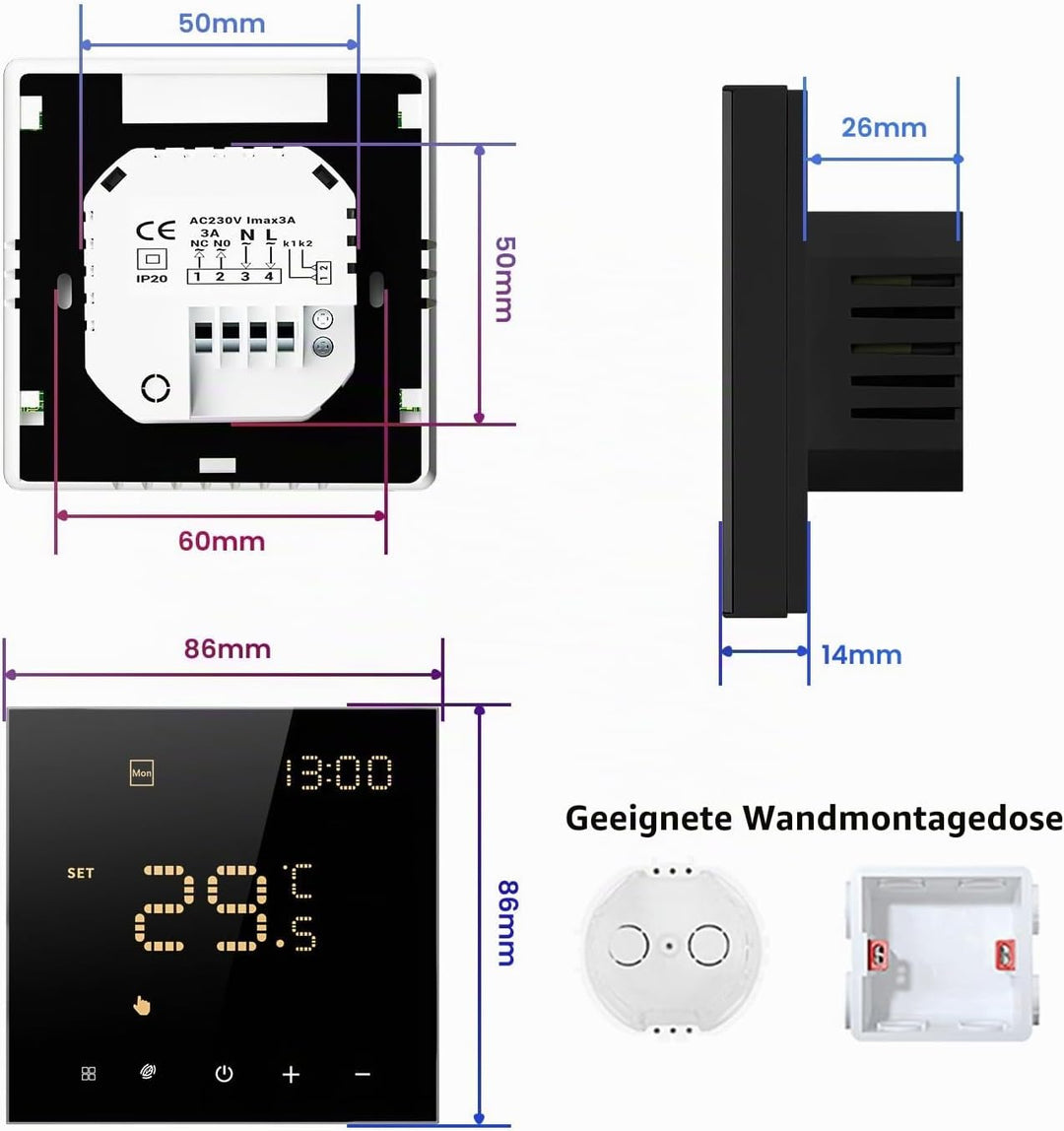 Smart WiFi Thermostat für Wasser-Fussbodenheizung und Gasboiler, Programmierbar Raumthermostat Unter