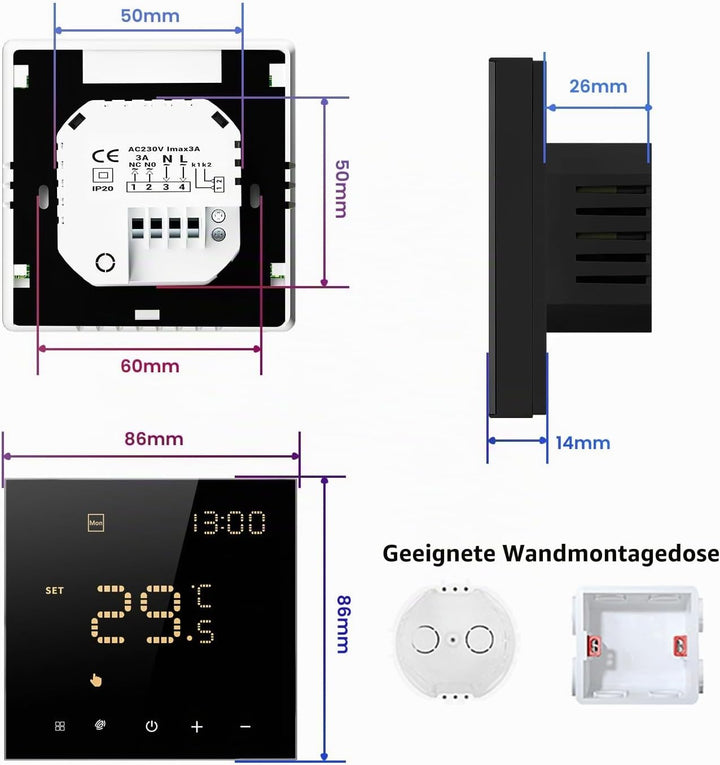 Smart WiFi Thermostat für Wasser-Fussbodenheizung und Gasboiler, Programmierbar Raumthermostat Unter
