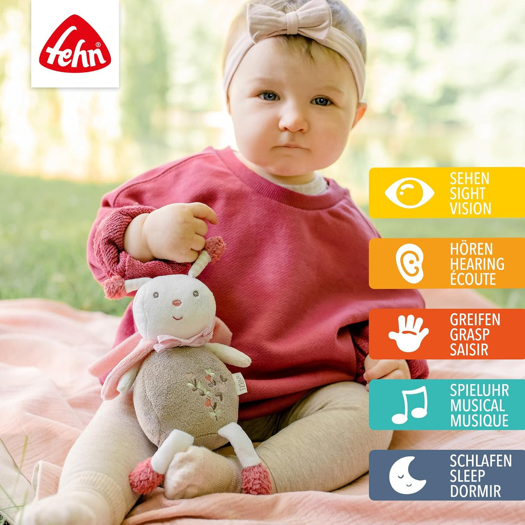 Fehn Spieluhr Baby Einschlafhilfe Biene - Kuscheltier mit Befestigung - Einschlafhilfe Melodie Weiss