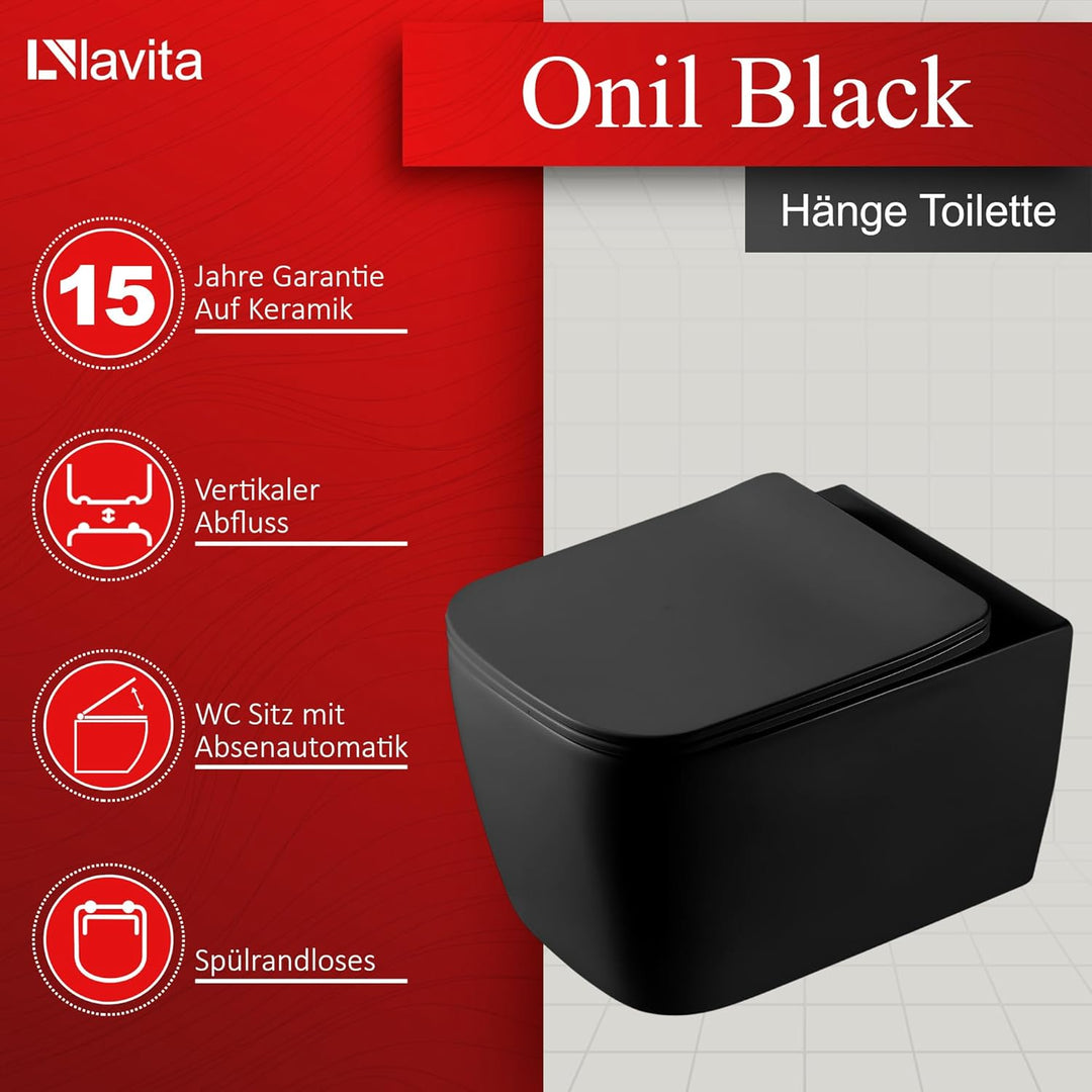 LAVITA Wand-WC Onil Black Hänge Toilette WC Sitz Toilettendeckel mit Absenkautomatik & Metallscharni
