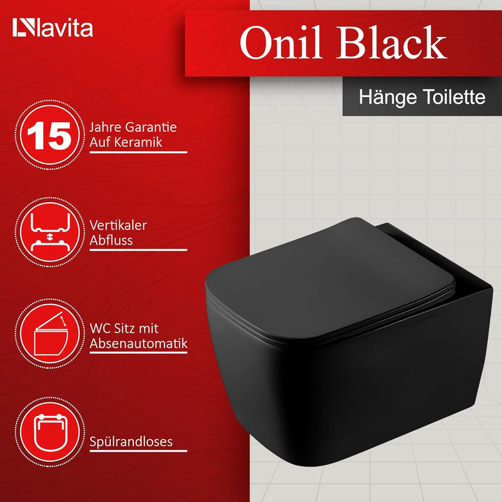 LAVITA Wand-WC Onil Black Hänge Toilette WC Sitz Toilettendeckel mit Absenkautomatik & Metallscharni