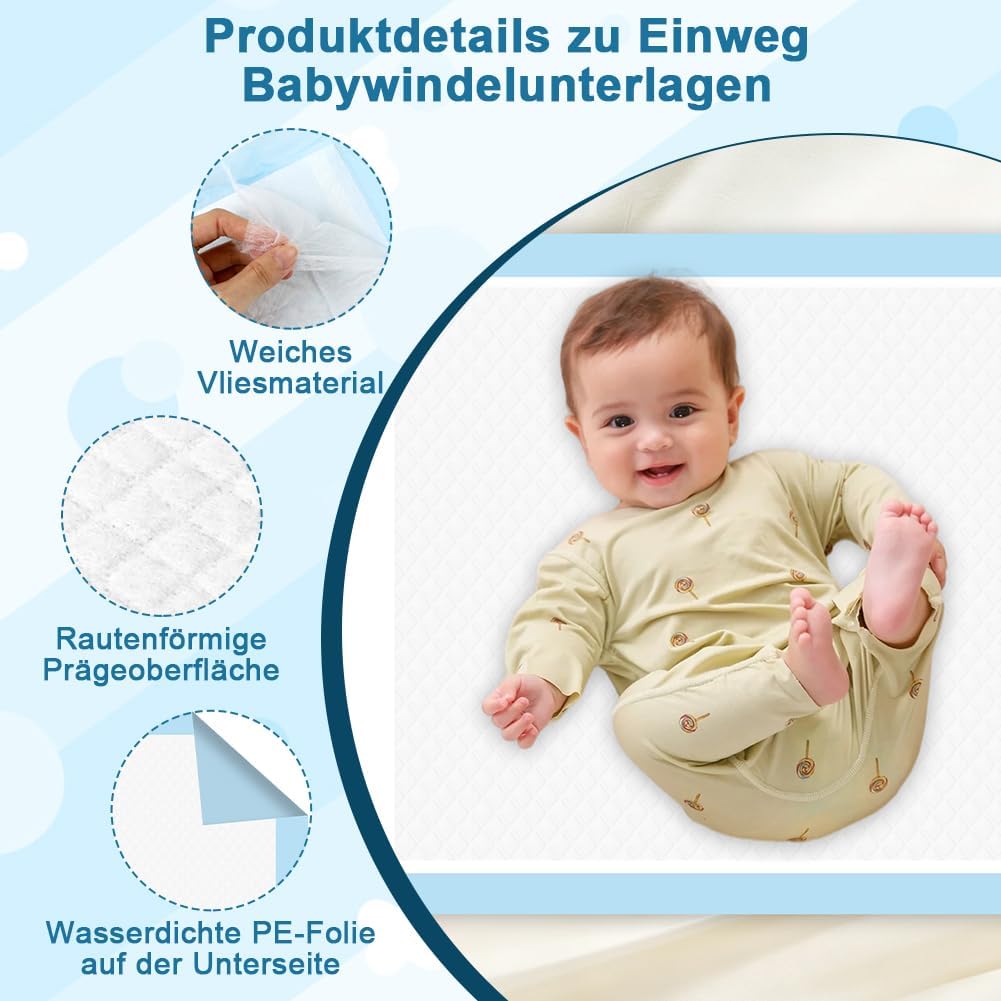 50 Stück Einweg-Windelunterlagen Baby 5x60cm, Wasserdicht &amp; 7-lagig saugstarke Inkontinenzunterlage,