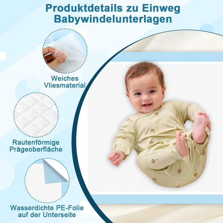50 Stück Einweg-Windelunterlagen Baby 5x60cm, Wasserdicht &amp; 7-lagig saugstarke Inkontinenzunterlage,