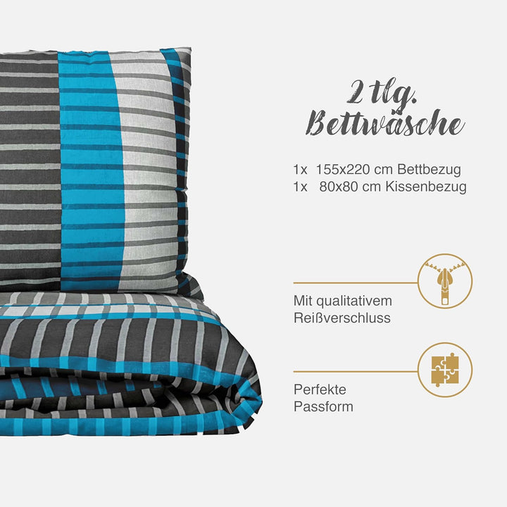 Class Home Collection Bettwäsche 155x220 Baumwolle Renforce 2 teilig Bettwäsche-Set mit Reissverschl