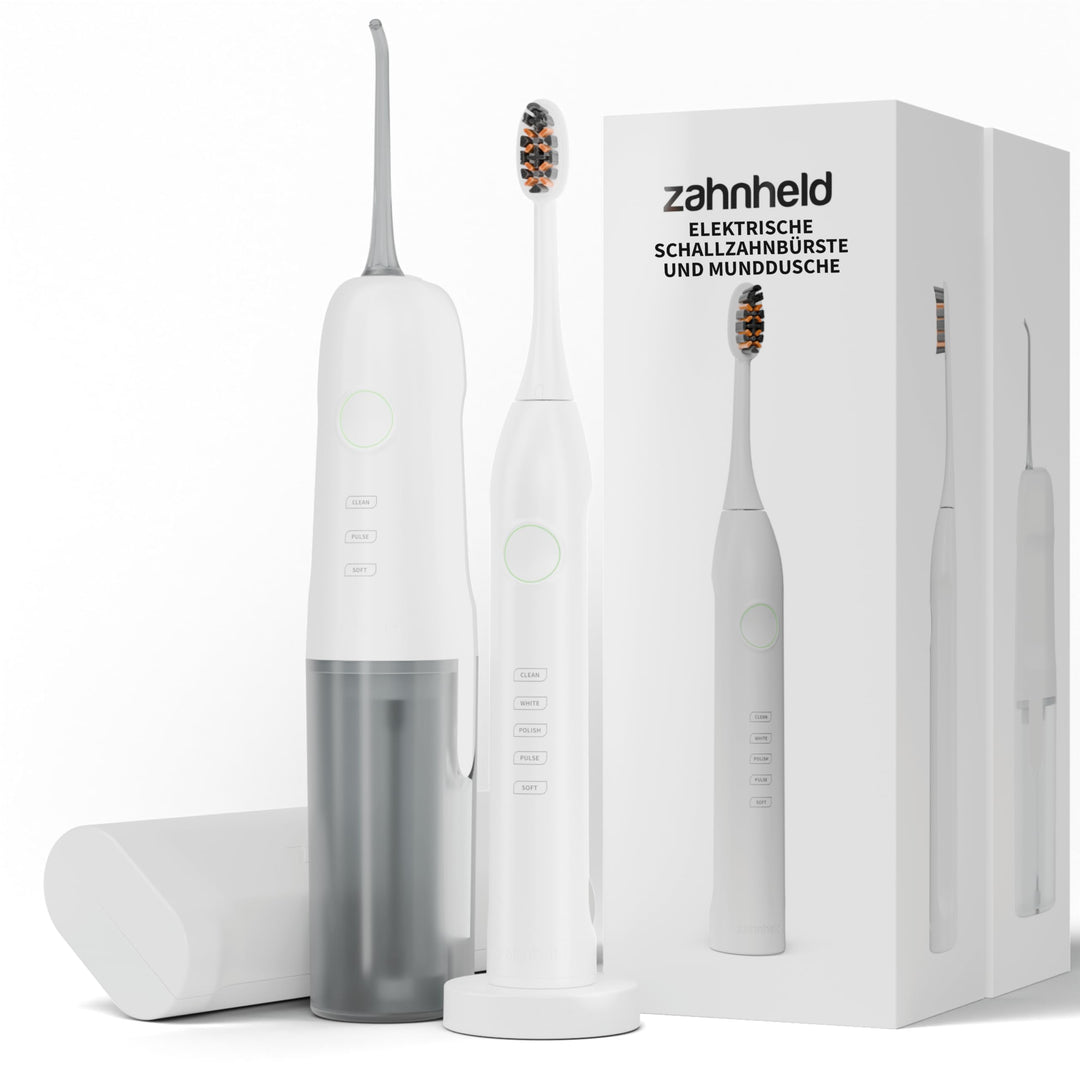 Zahnheld® Super-Set, elektrische Schallzahnbürste GERO + Munddusche AQUADENT | inkl. Bürstenkopf & R