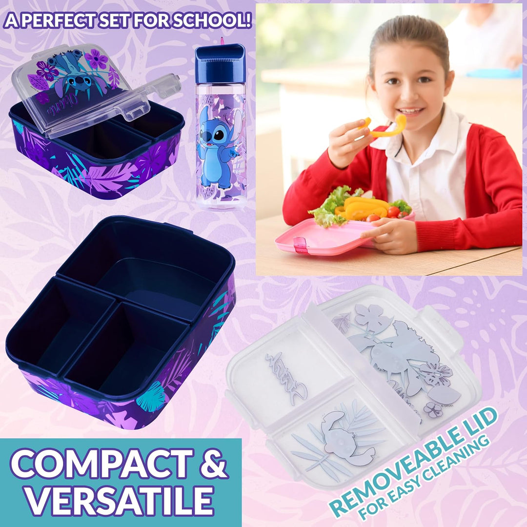 Disney Stitch Kinder Lunchbox mit Fächern und Wasserflasche für Schule und Ausflüge (Blau/Lila)