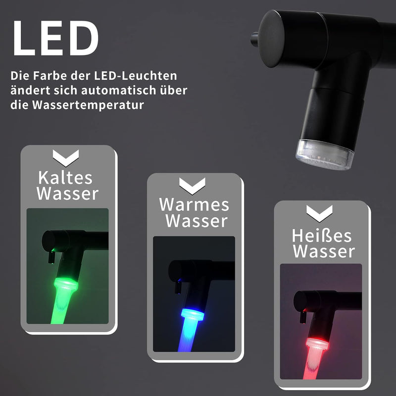 TIMACO Schwarz LED Wasserhahn Küche,Küchenarmatur mit Schloss Brause Ausziehbar - 360° Schwenkbarz-