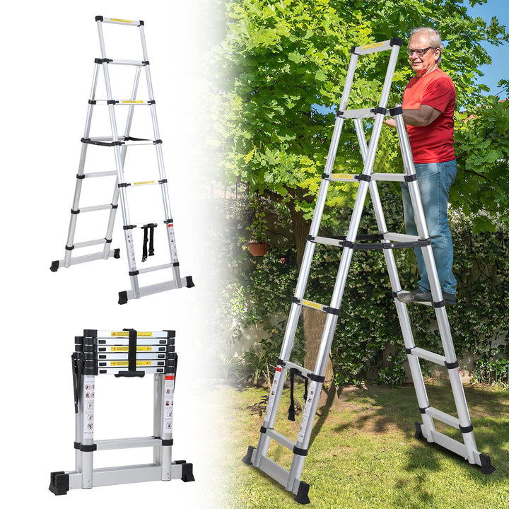 Fiqops 1,7m+2m Teleskopleiter aus Aluminium, 5+6 Stufen Klappleiter A-Rahmen Mehrzweckleiter Stehlei