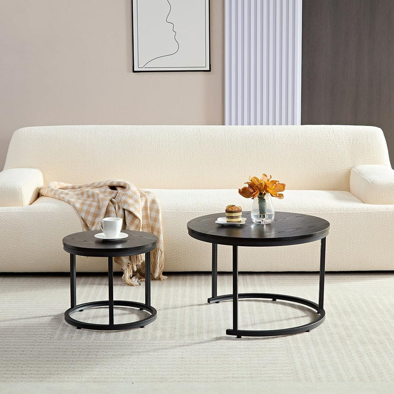 HeyHeaven® Couchtisch Rund Holz 2er Set – Runder Coach Tisch Schwarze Holz Optik mit Schwarze Metall