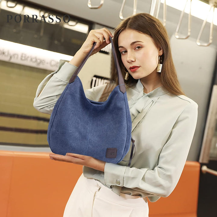 PORRASSO Damen Handtasche Canvas Hobo Schultertasche Mädchen Tote Bag Shopper Henkeltasche für Schul