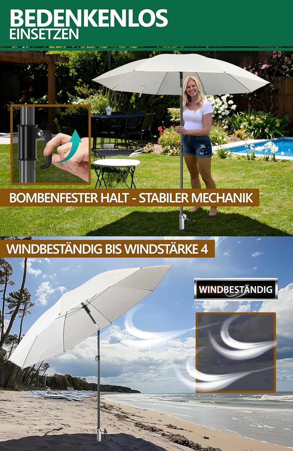 4smile Sonnenschirm Strand 3-in-1 Set, Ø 180 cm, Beige, Strandschirm Windfest Stabil, UV50 Sonnensch