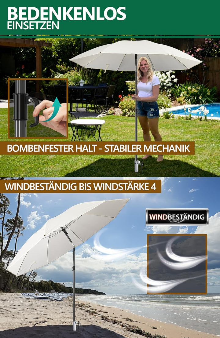 4smile Sonnenschirm Strand 3-in-1 Set, Ø 180 cm, Beige, Strandschirm Windfest Stabil, UV50 Sonnensch