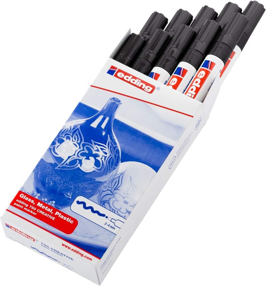 edding 750 Glanzlackmarker - schwarz - 10 Lackmarker - Rundspitze 2-4 mm - Lackstift für Glas, Stein