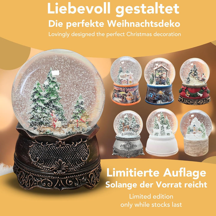 Schneekugel Weihnachten mit Musik | Weihnachtsbaum Holen | Schlittenfahrt Winterwald | Sockel Kupfer