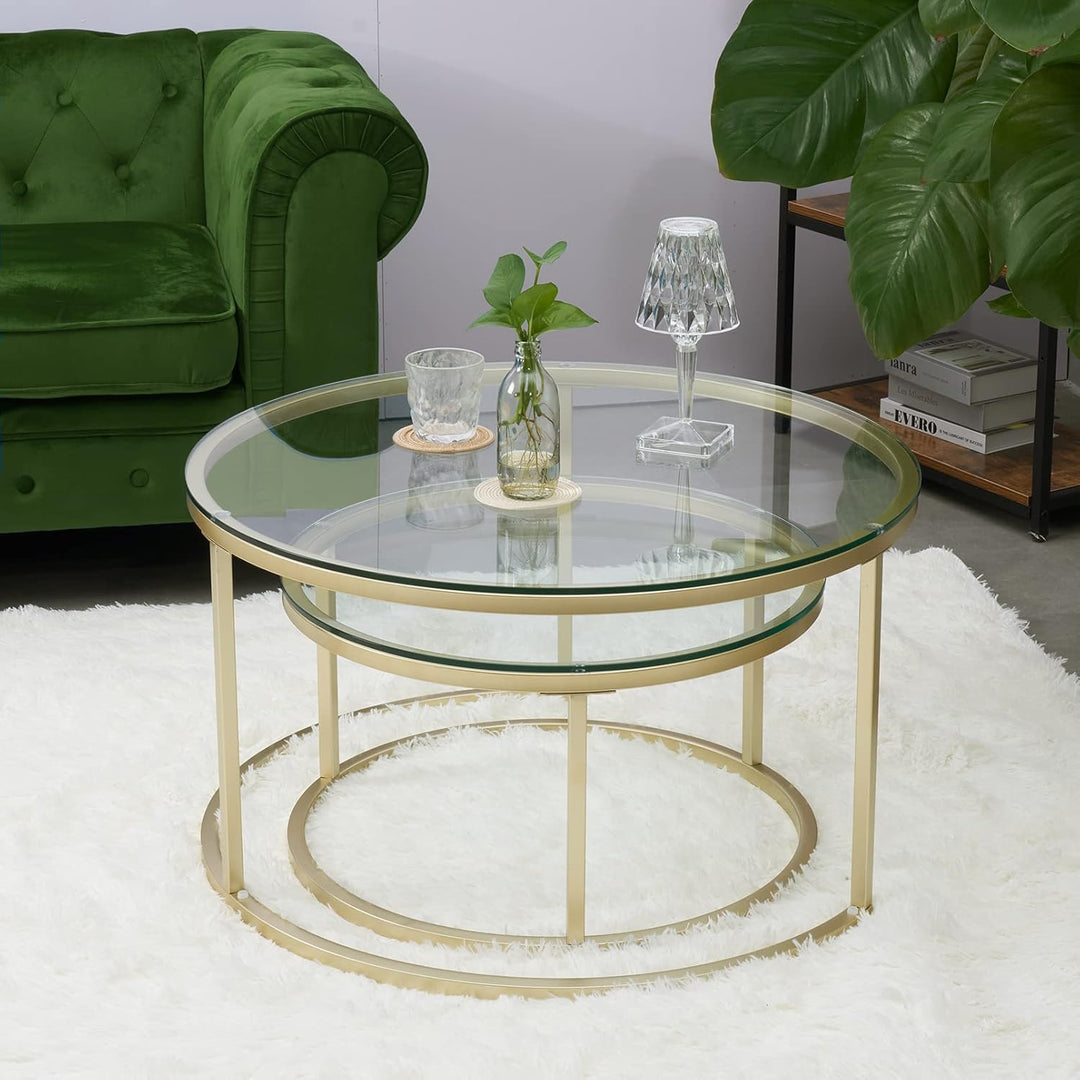 Gold Couchtisch Glas, Couchtisch 2er Set mit 1 Grosser Couchtisch Rund und 1 Kleiner Tisch, Beistell