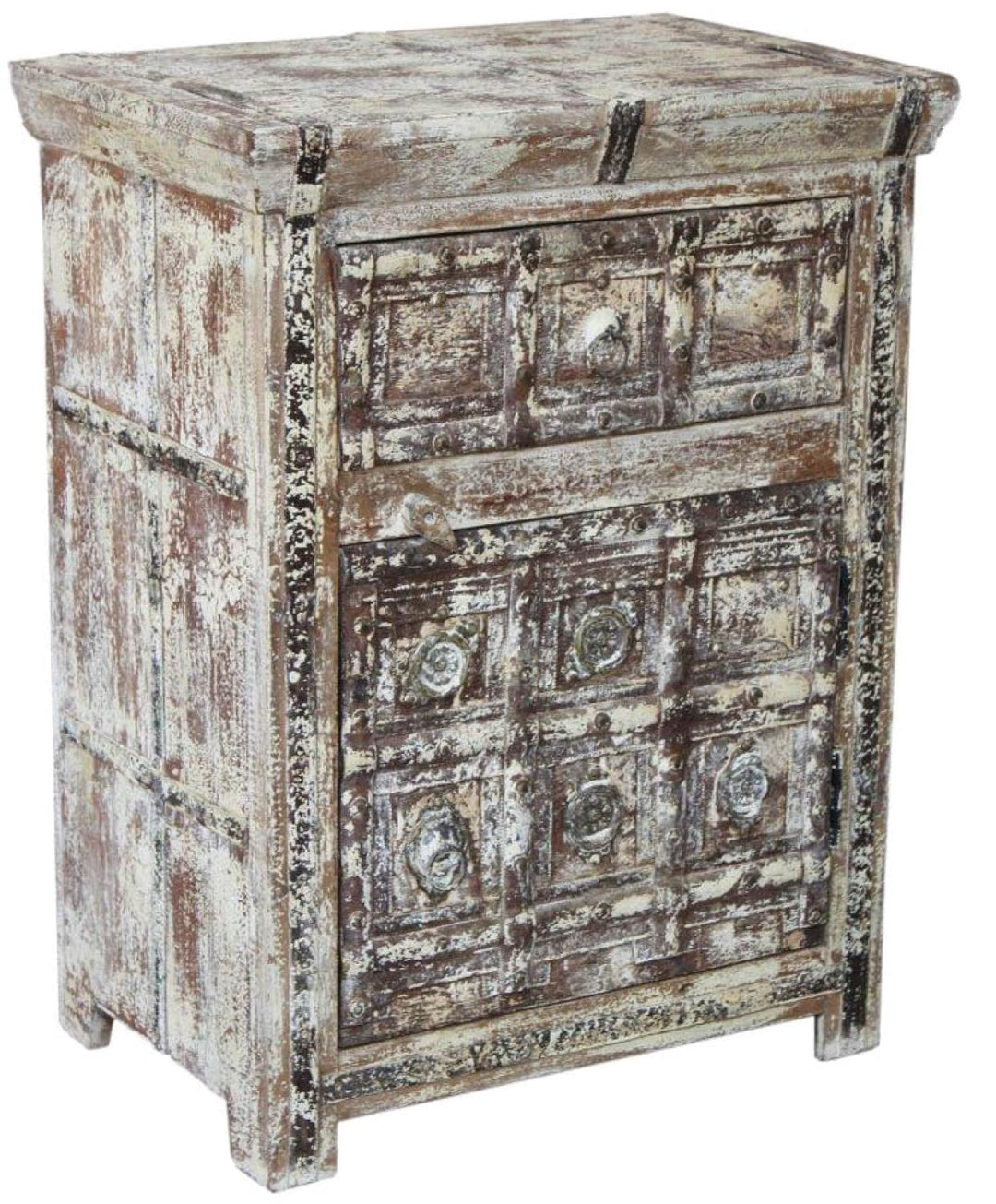 GURU SHOP Vintage Beistellschrank, Kommode, Nachttischschrank, Flurschrank mit Metall Verzierungen -