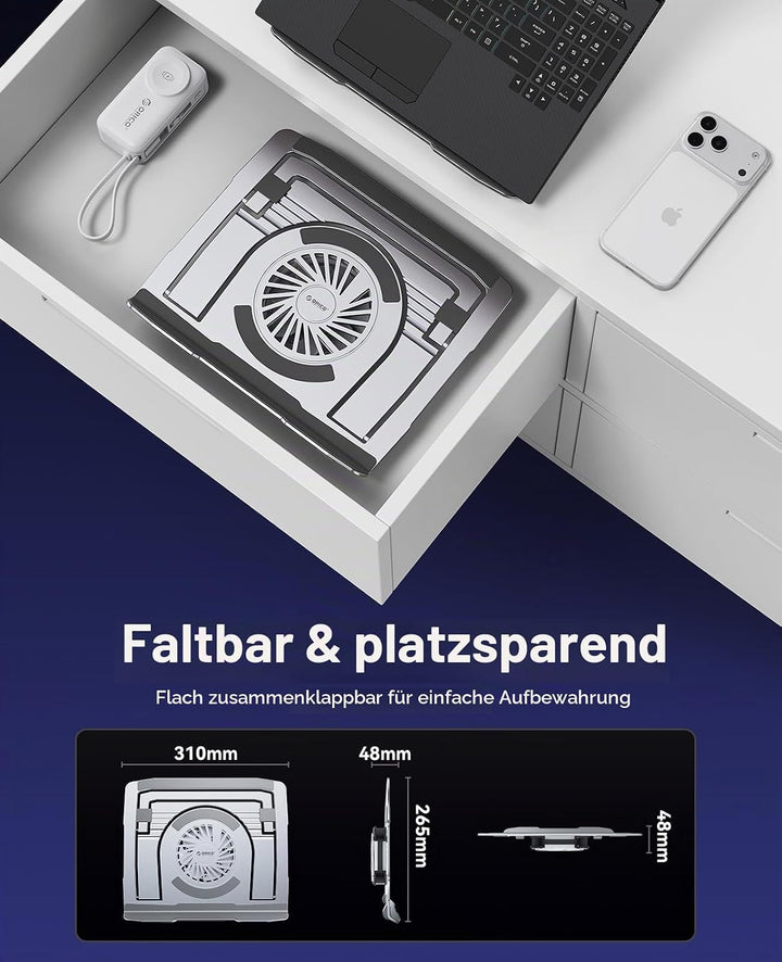 ORICO Laptop Ständer aus Aluminium mit USB-Lüfter, Ergonomisch, Höhenverstellbar und Klappbar für La
