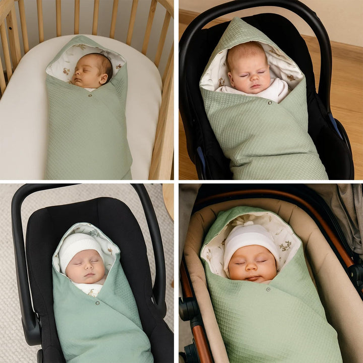 Baby Einschlagdecke Doppelseitig 86x86 cm Baumwolle-Wafellstoff für Kinderwagen und Babybett (Mint W