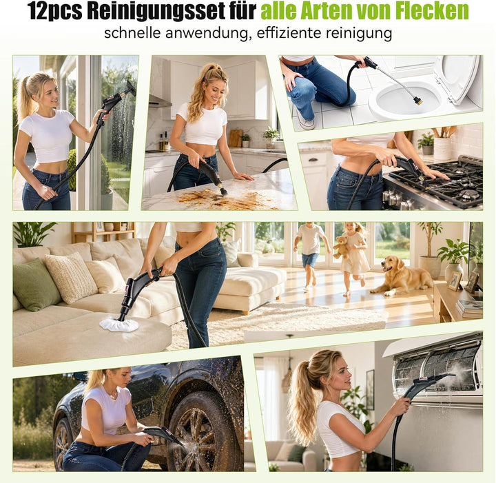 Dampfreiniger Handgerät für Alles, 3-stufig einstellbarer Dampfreiniger, mit 14 Zubehör, 15 Sekunden