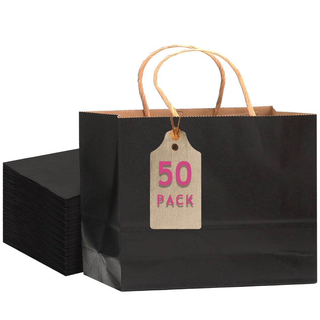 Gcardist 50 Stück Schwarz-Geschenktüten aus Papier mit Henkeln–12.6"x4.3"x10"-TütenBreite Tasche Par