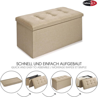 CelinaTex Falthocker XL 76 x 38 x 38 cm beige Sitzbank mit Stauraum Truhe faltbar mit Deckel gepolst
